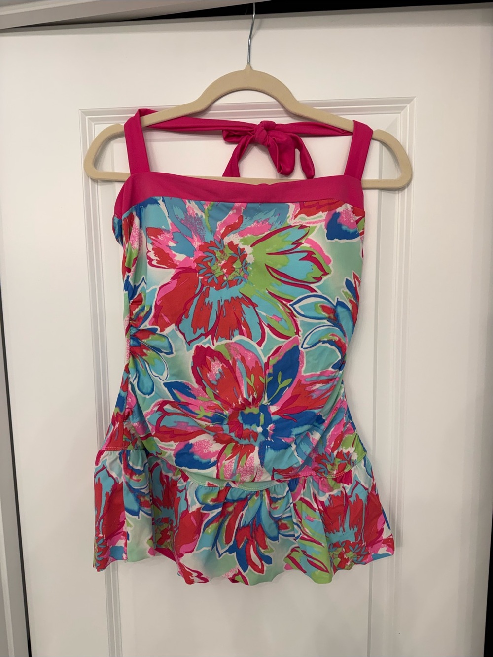 Bright Floral Swim Dress with Hot Pink Trim